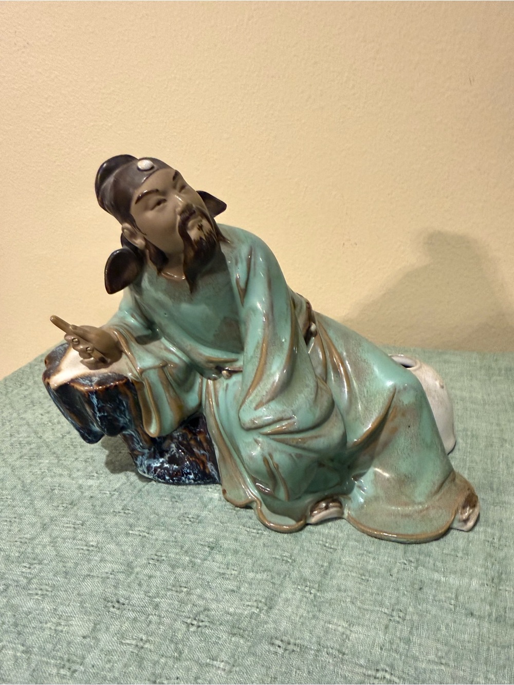 Vintage Chinese Mud Man Incense Holder Reclining Sage Mid-Century Shiwan Pottery